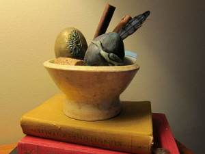 decorative eggs in pottery bowl 