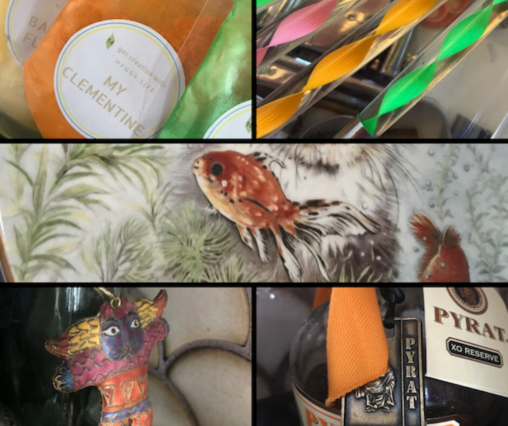 Mindfulness Exercise - Collage of orange items including mica powder, roller, fish, santa fe cat, and ribbon on rum bottle 