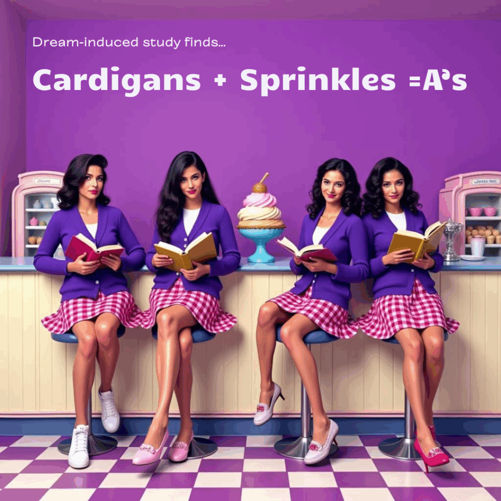 college girls in purple cardigans studying in ice cream parlor
